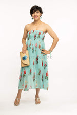 Load image into Gallery viewer, Blue Tropical off shoulder Midi Dress
