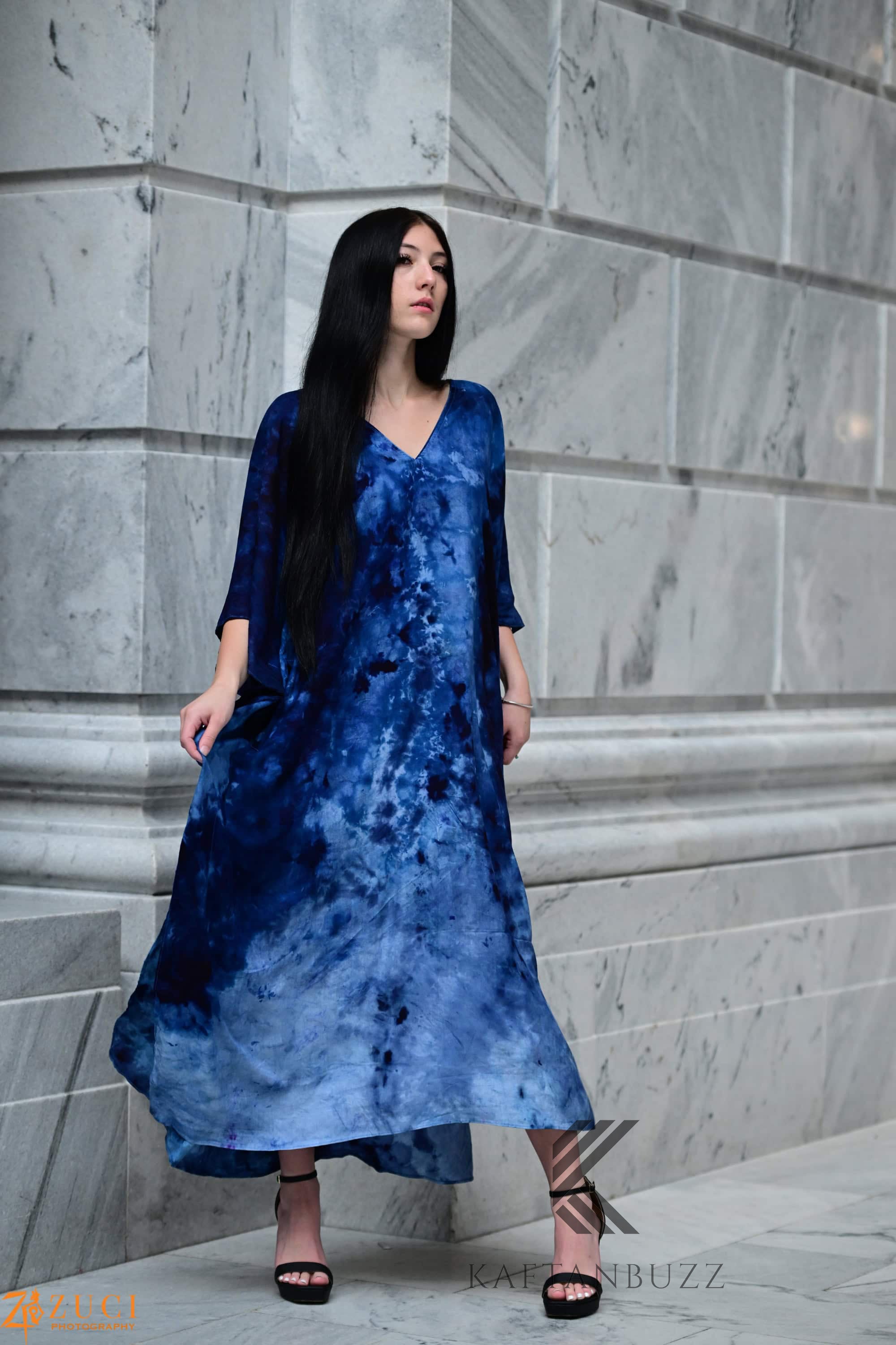 Ocean-Inspired Blue-Black Watercolor Caftan | Hand-Dyed Artistic Caftan with Pockets | Soft, Breezy Beach Cover-Up