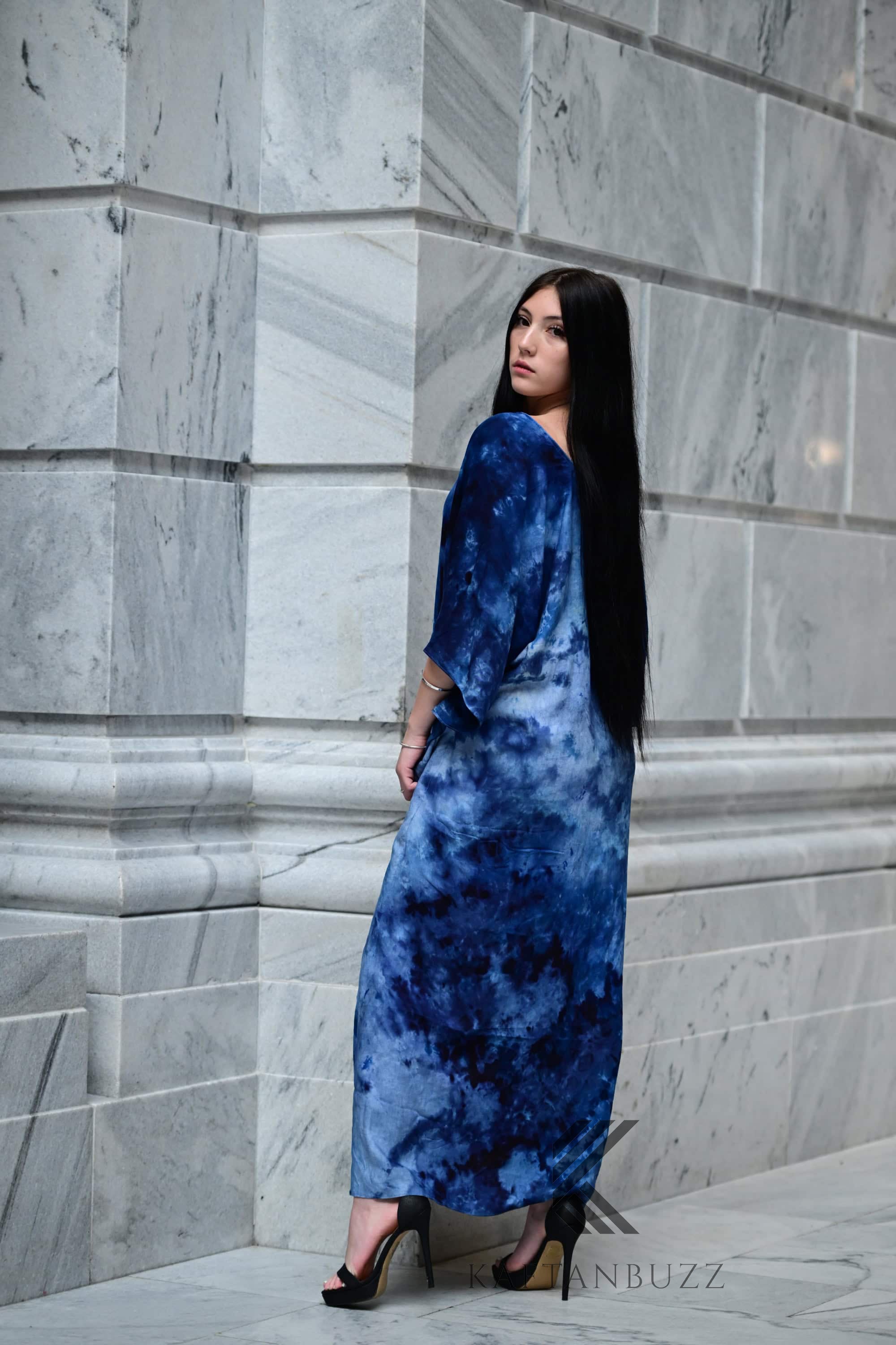 Ocean-Inspired Blue-Black Watercolor Caftan | Hand-Dyed Artistic Caftan with Pockets | Soft, Breezy Beach Cover-Up