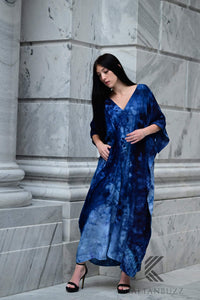 Ocean-Inspired Blue-Black Watercolor Caftan | Hand-Dyed Artistic Caftan with Pockets | Soft, Breezy Beach Cover-Up