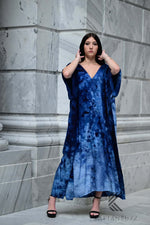 Load image into Gallery viewer, Ocean-Inspired Blue-Black Watercolor Caftan | Hand-Dyed Artistic Caftan with Pockets | Soft, Breezy Beach Cover-Up

