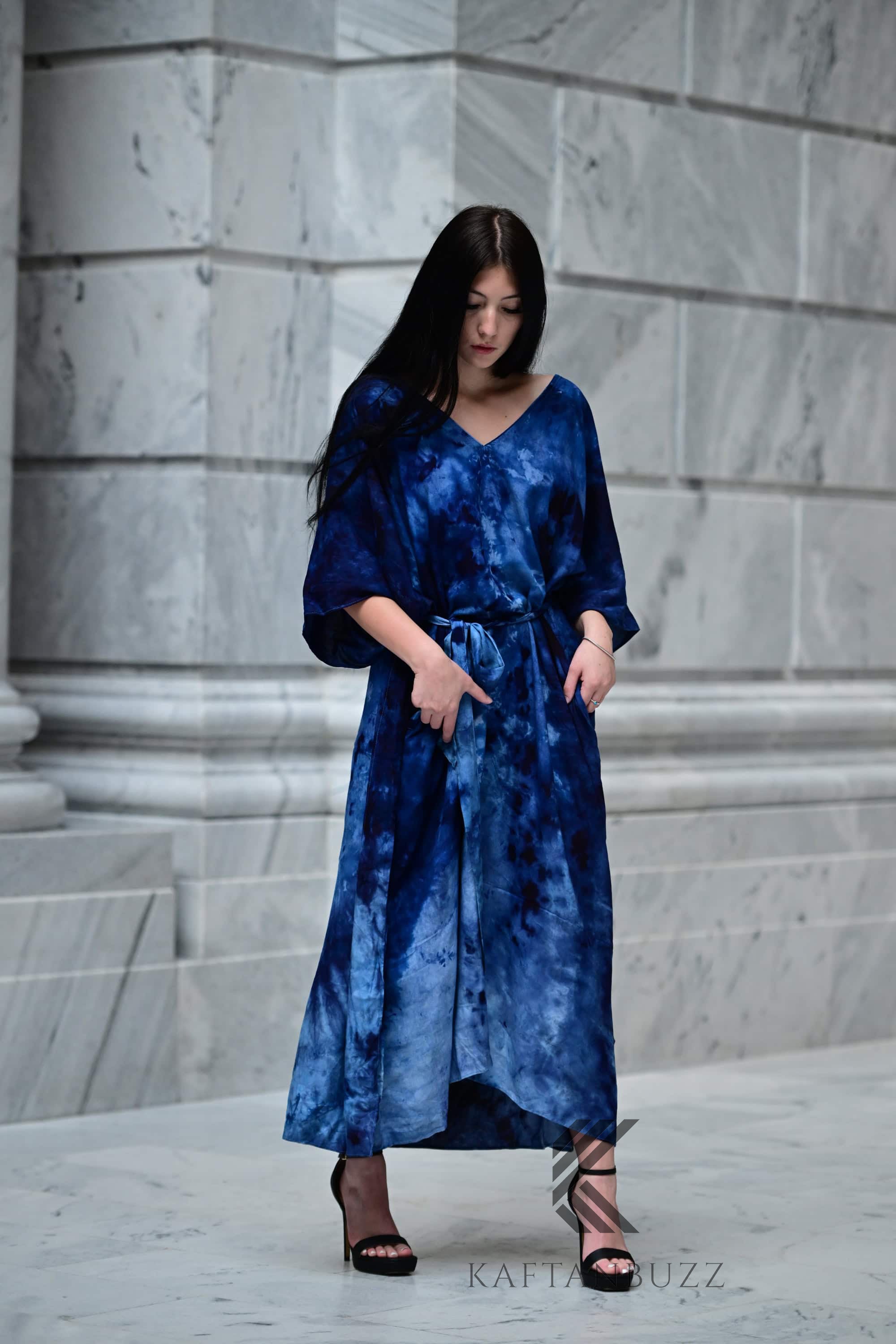 Ocean-Inspired Blue-Black Watercolor Caftan | Hand-Dyed Artistic Caftan with Pockets | Soft, Breezy Beach Cover-Up