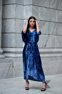 Ocean-Inspired Blue-Black Watercolor Caftan | Hand-Dyed Artistic Caftan with Pockets | Soft, Breezy Beach Cover-Up