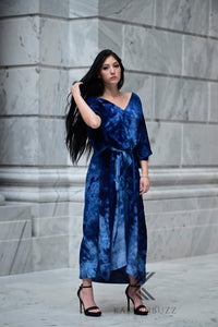 Ocean-Inspired Blue-Black Watercolor Caftan | Hand-Dyed Artistic Caftan with Pockets | Soft, Breezy Beach Cover-Up