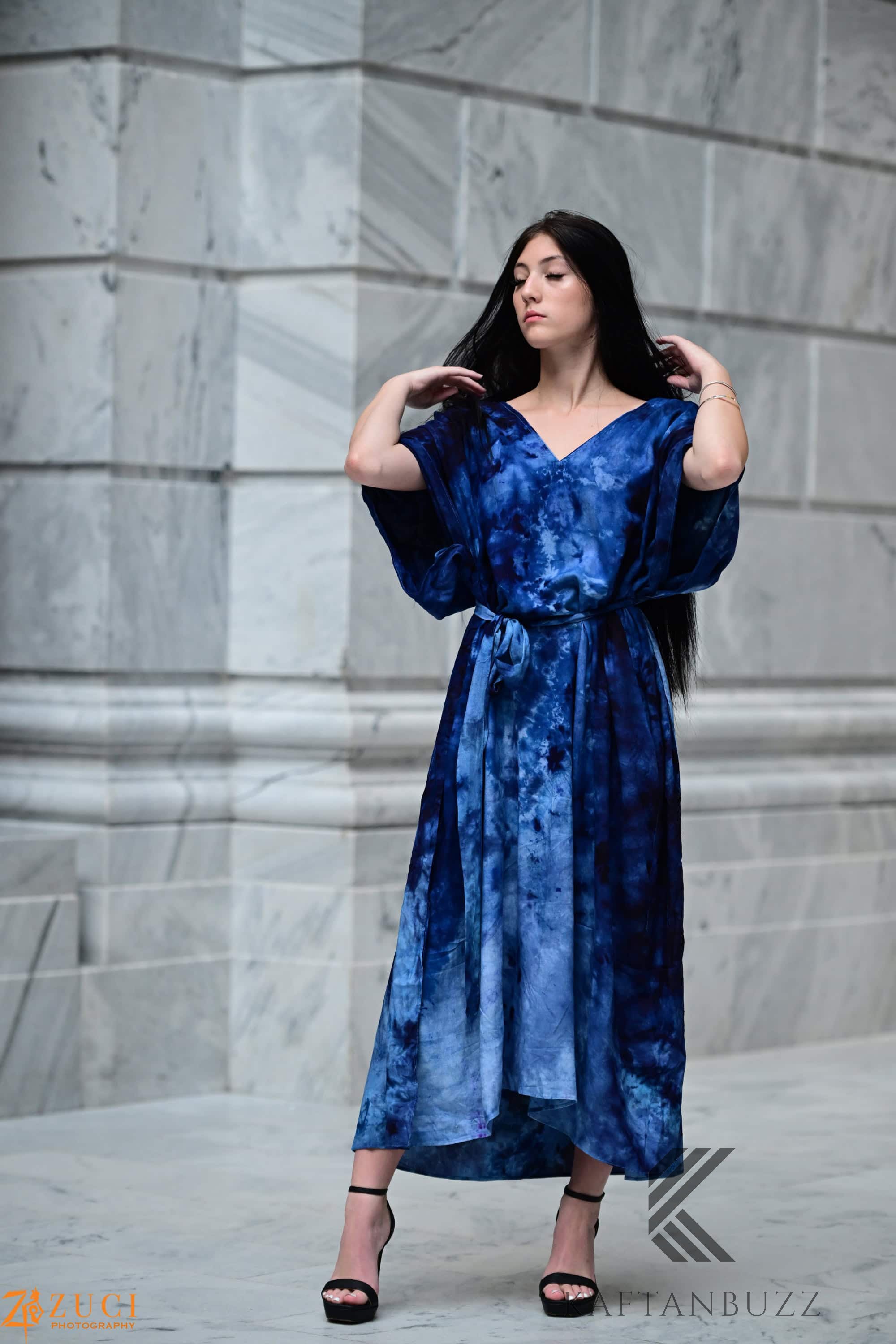 Ocean-Inspired Blue-Black Watercolor Caftan | Hand-Dyed Artistic Caftan with Pockets | Soft, Breezy Beach Cover-Up
