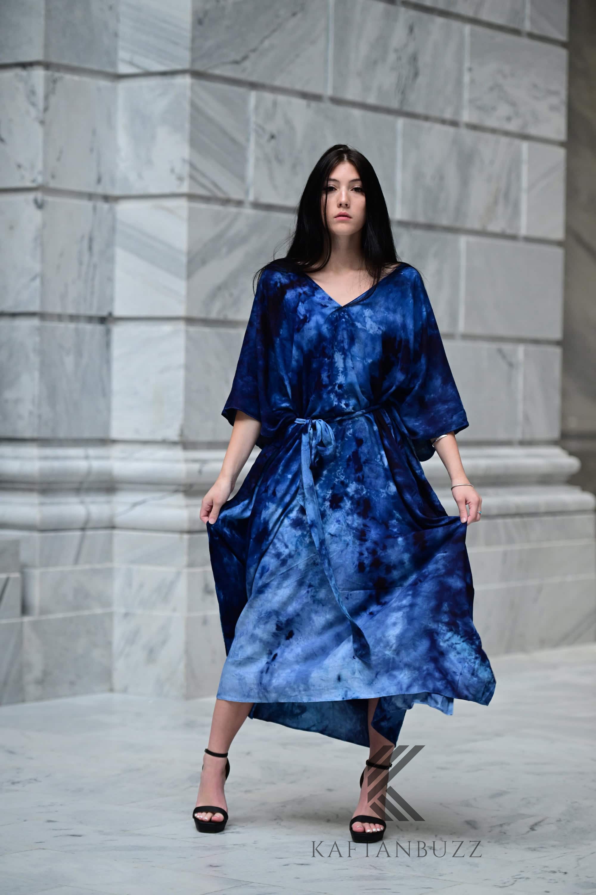Ocean-Inspired Blue-Black Watercolor Caftan | Hand-Dyed Artistic Caftan with Pockets | Soft, Breezy Beach Cover-Up