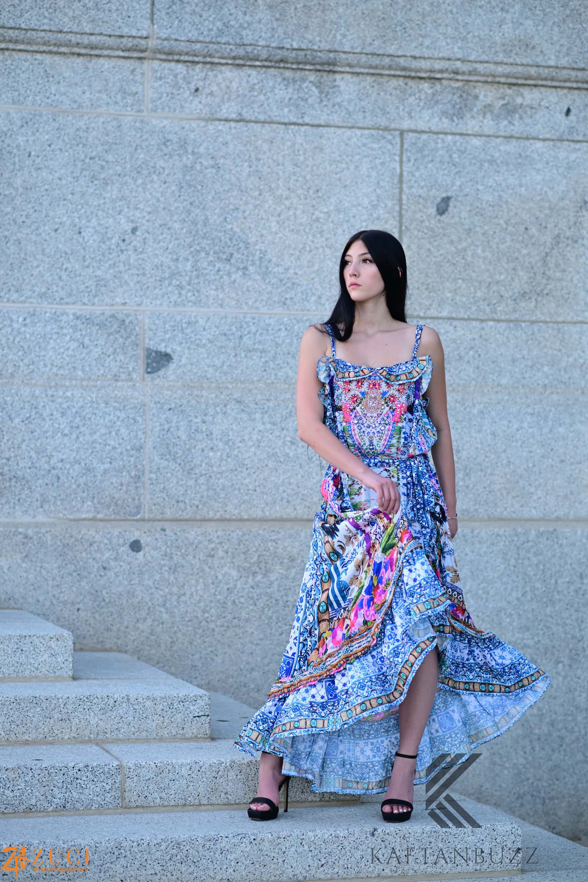 Floral Print bohemian High Low goddess Dress with belt for Beach & Outdoor