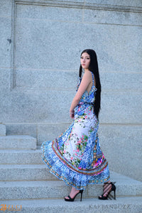 Floral Print bohemian High Low goddess Dress with belt for Beach & Outdoor