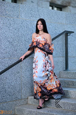 Load image into Gallery viewer, Off-the-Shoulder Formal Kaftan Dress with Floral Patterns | Elegant Scroll Print | Perfect for Summer Evenings, caftan, long maxi dress
