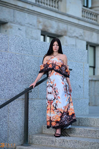 Off-the-Shoulder Formal Kaftan Dress with Floral Patterns | Elegant Scroll Print | Perfect for Summer Evenings, caftan, long maxi dress