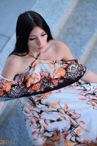 Off-the-Shoulder Formal Kaftan Dress with Floral Patterns | Elegant Scroll Print | Perfect for Summer Evenings, caftan, long maxi dress