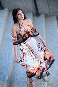 Off-the-Shoulder Formal Kaftan Dress with Floral Patterns | Elegant Scroll Print | Perfect for Summer Evenings, caftan, long maxi dress