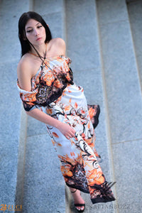 Off-the-Shoulder Formal Kaftan Dress with Floral Patterns | Elegant Scroll Print | Perfect for Summer Evenings, caftan, long maxi dress