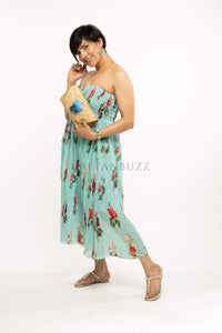 Blue Tropical off shoulder Midi Dress