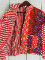 Load image into Gallery viewer, Boho Quilted Patchwork Jacket, Cotton kantha Jacket, Vintage red Cotton Quilted Jacket, Reversible Women&#39;s Boho Coat, sustainable Gift

