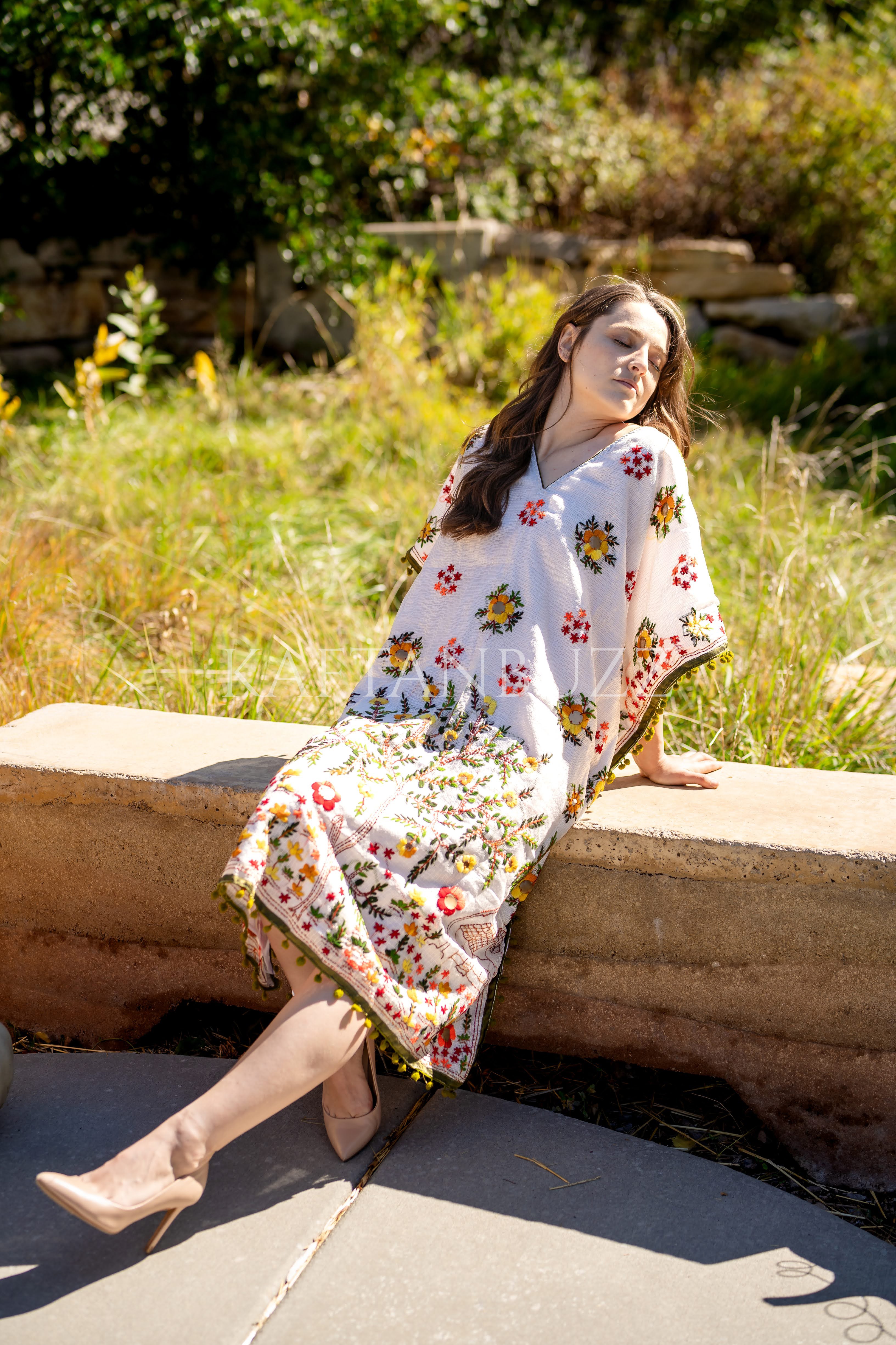 Embroidered Phulkari Kantha Cotton Silk Caftan Dress | Boho Resort Wear