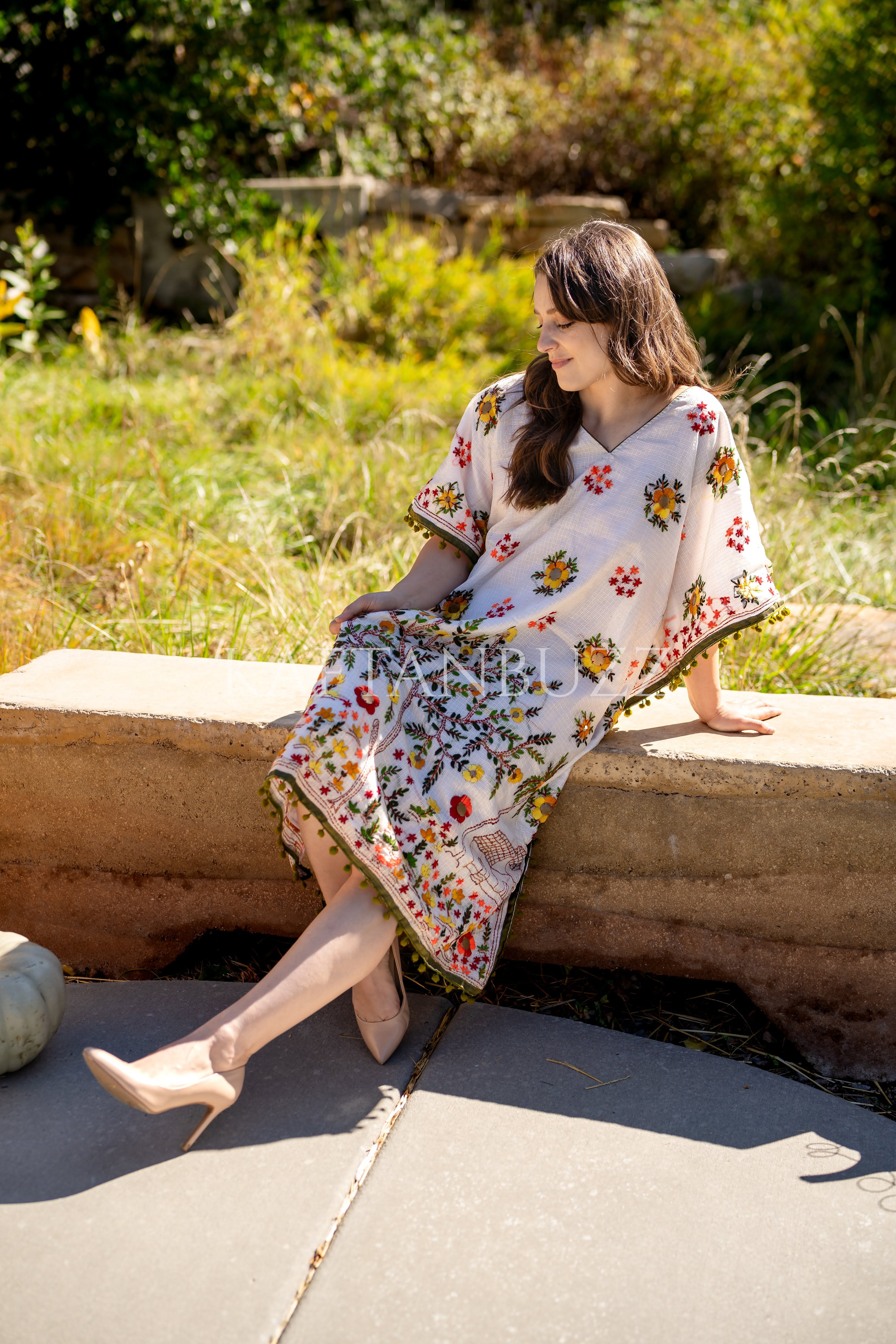 Embroidered Phulkari Kantha Cotton Silk Caftan Dress | Boho Resort Wear