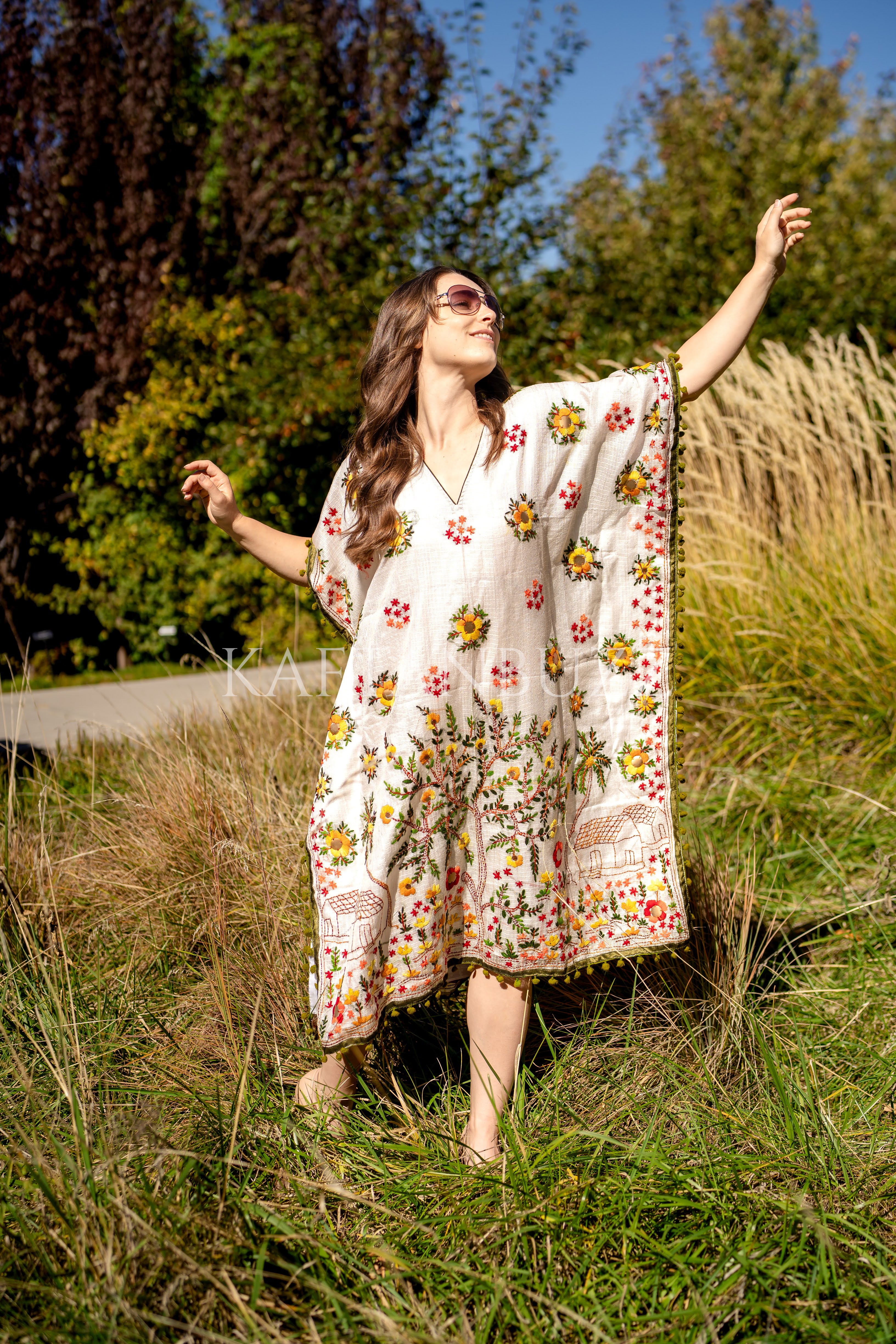 Embroidered Phulkari Kantha Cotton Silk Caftan Dress | Boho Resort Wear