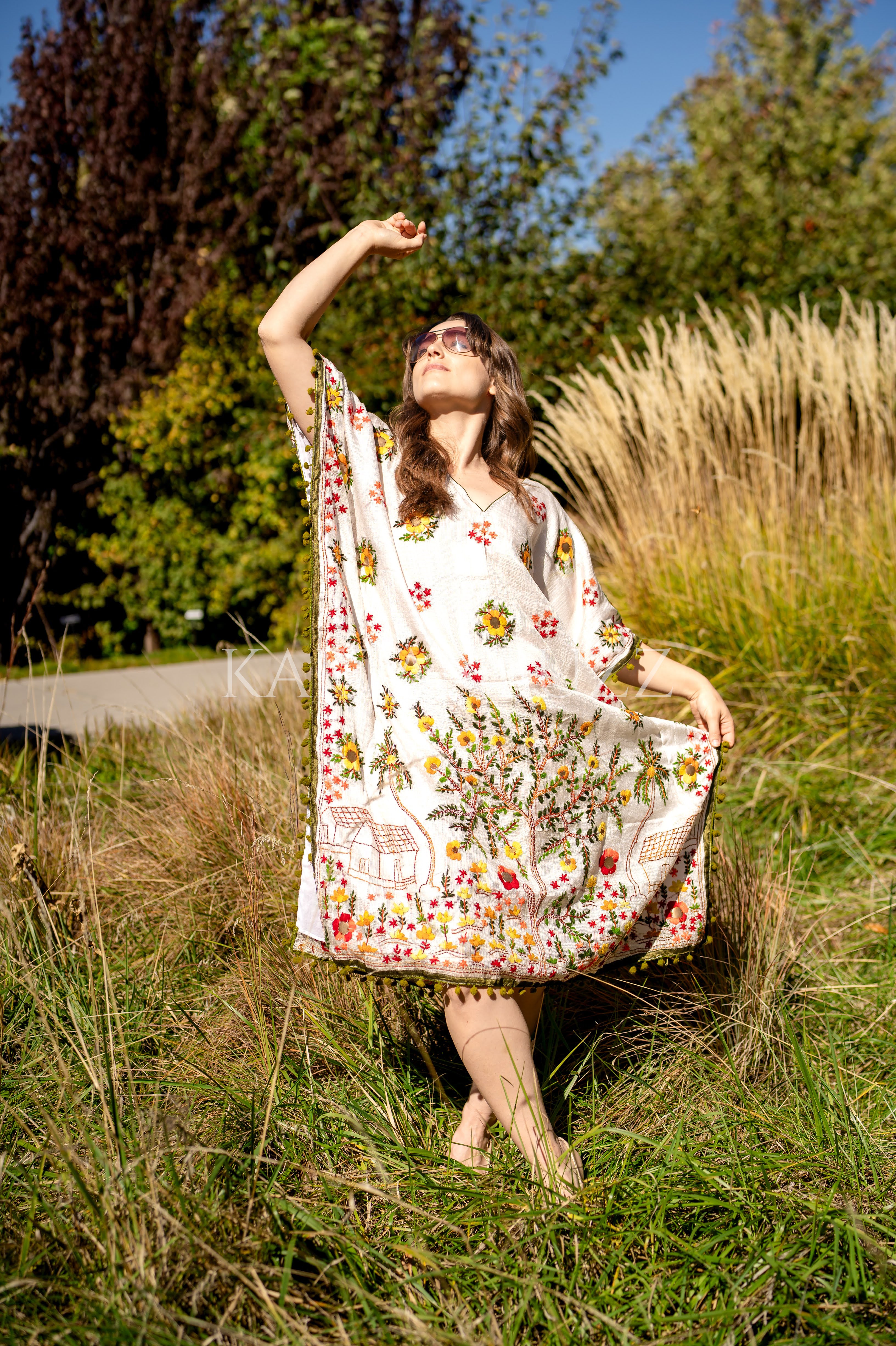 Embroidered Phulkari Kantha Cotton Silk Caftan Dress | Boho Resort Wear