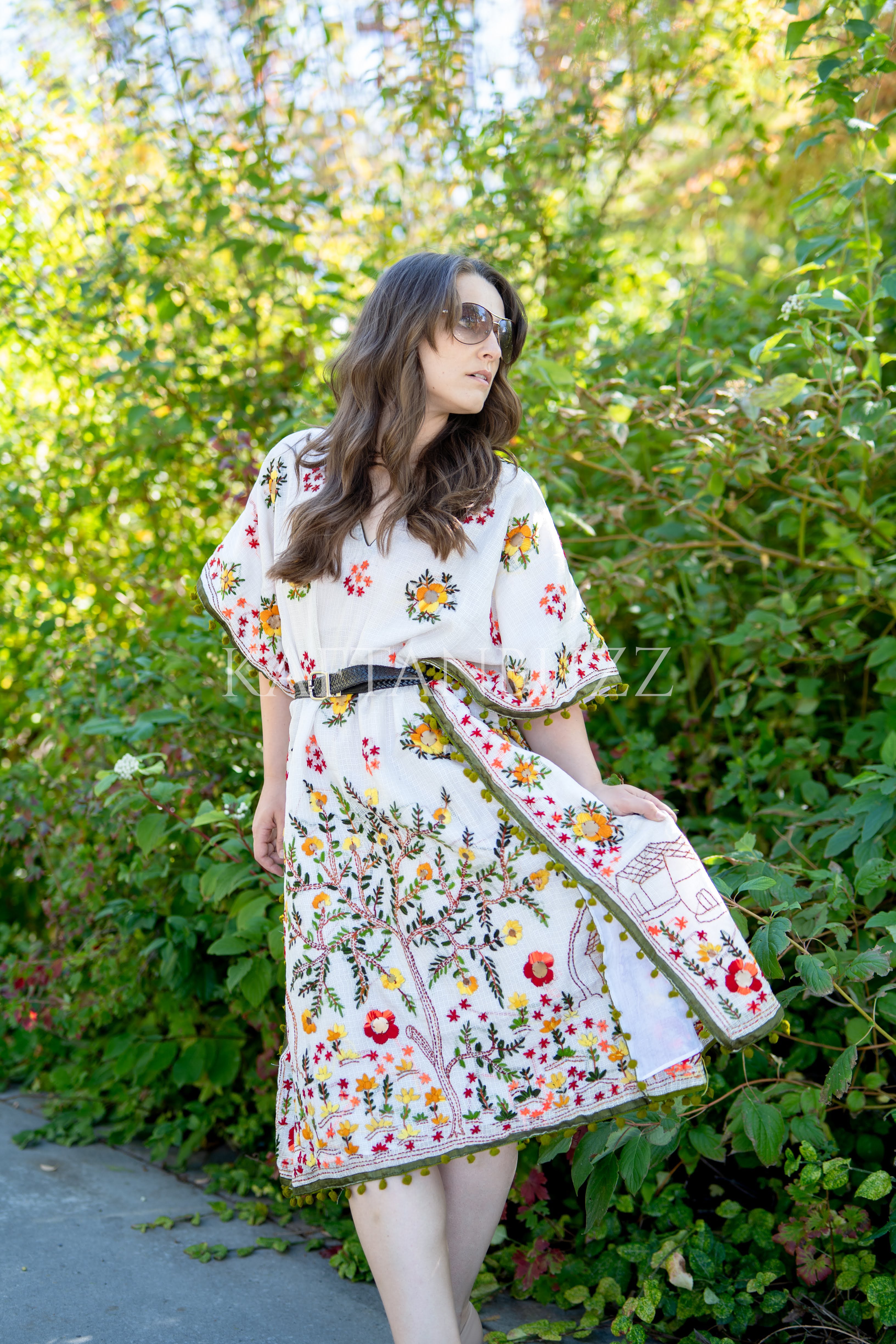 Embroidered Phulkari Kantha Cotton Silk Caftan Dress | Boho Resort Wear