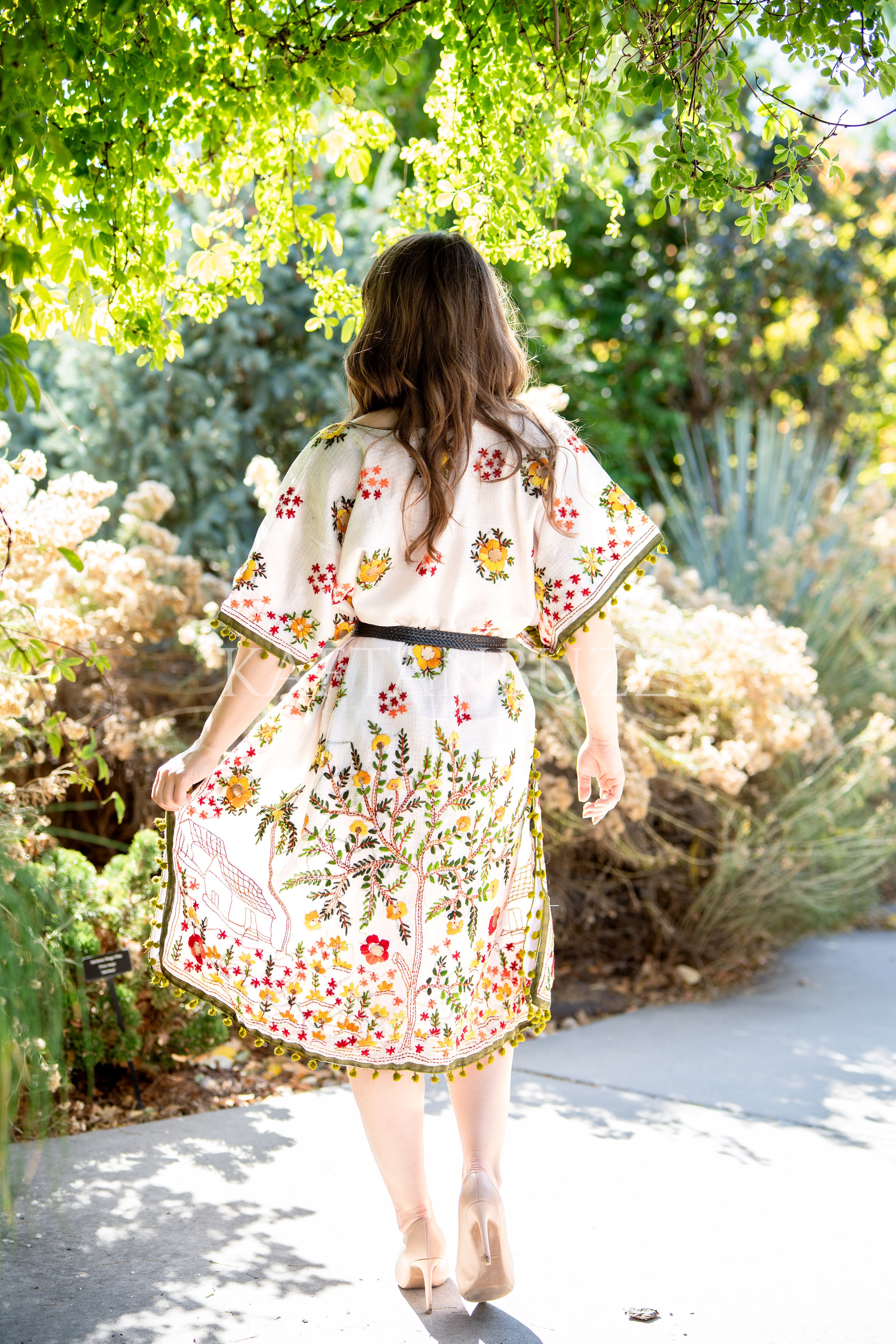 Embroidered Phulkari Kantha Cotton Silk Caftan Dress | Boho Resort Wear