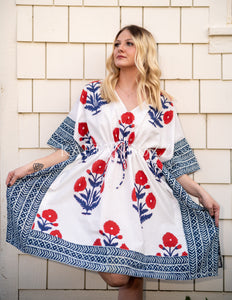 Block Print Cotton Caftan | Flowy Boho Plus Size Fall Dress with Waist