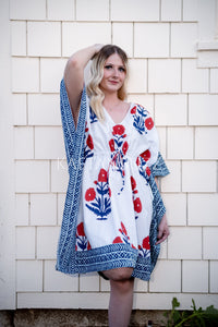 Block Print Cotton Caftan | Flowy Boho Plus Size Fall Dress with Waist