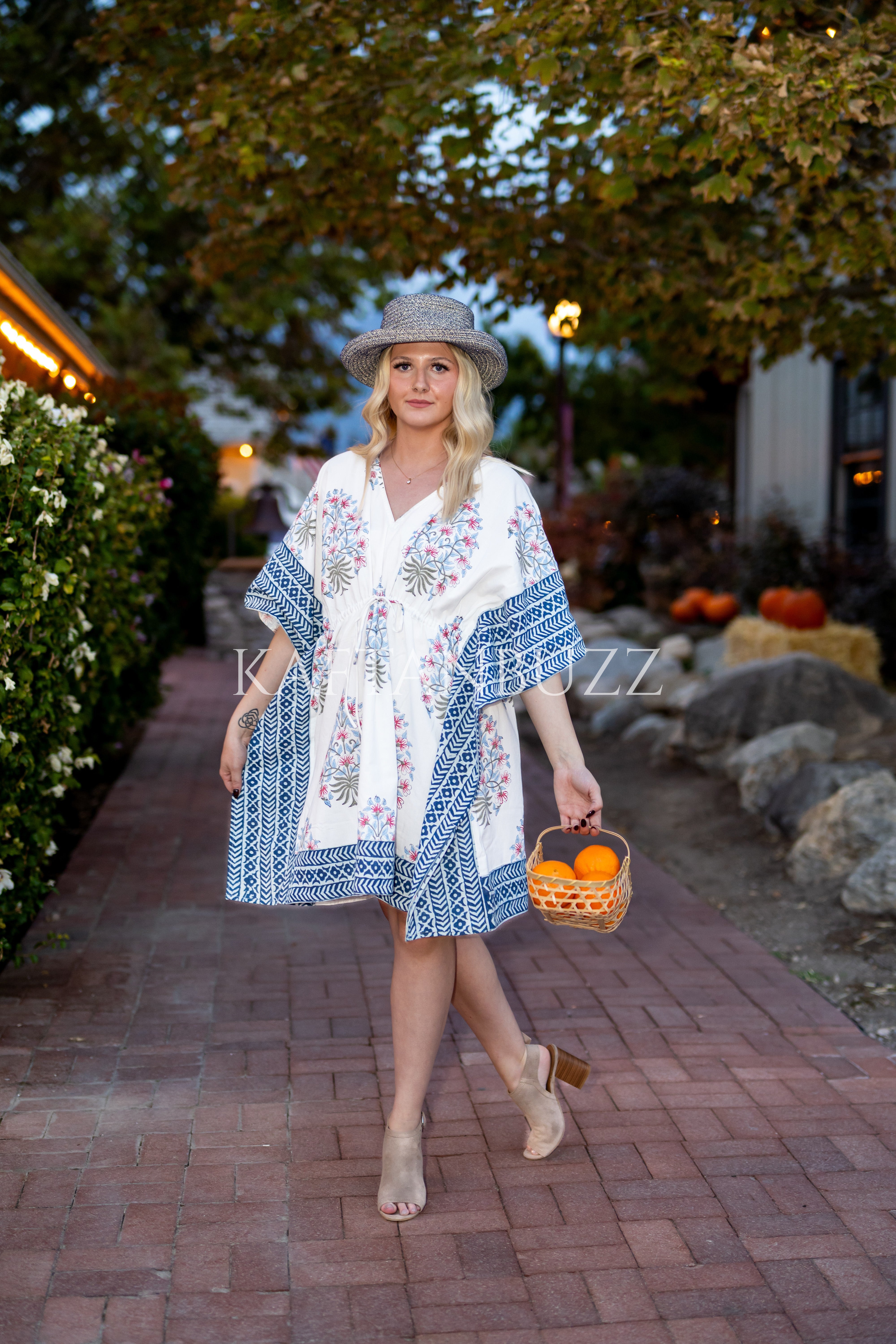 Block Print Cotton Caftan | Flowy Boho Plus Size Fall Dress with Waist