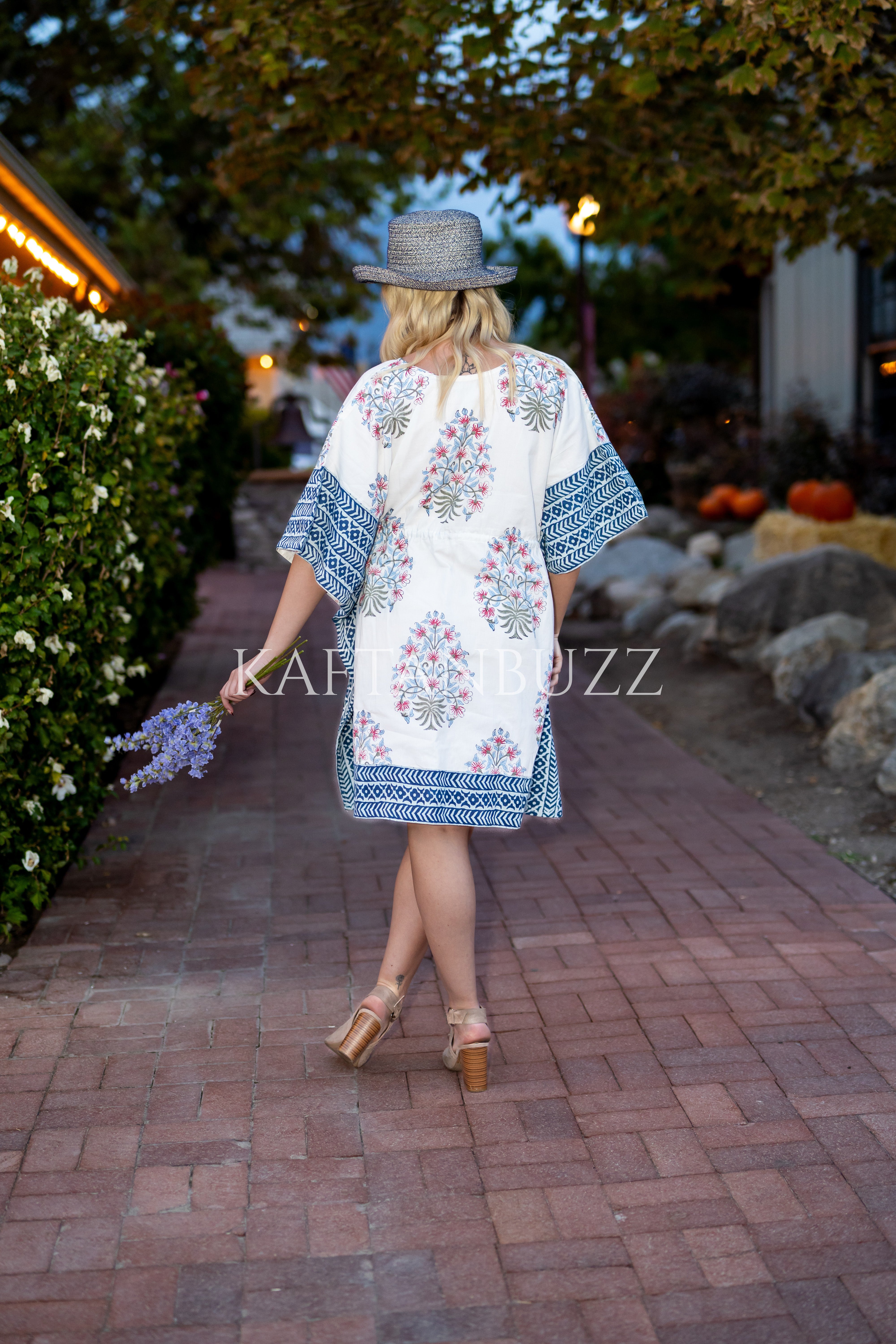 Block Print Cotton Caftan | Flowy Boho Plus Size Fall Dress with Waist
