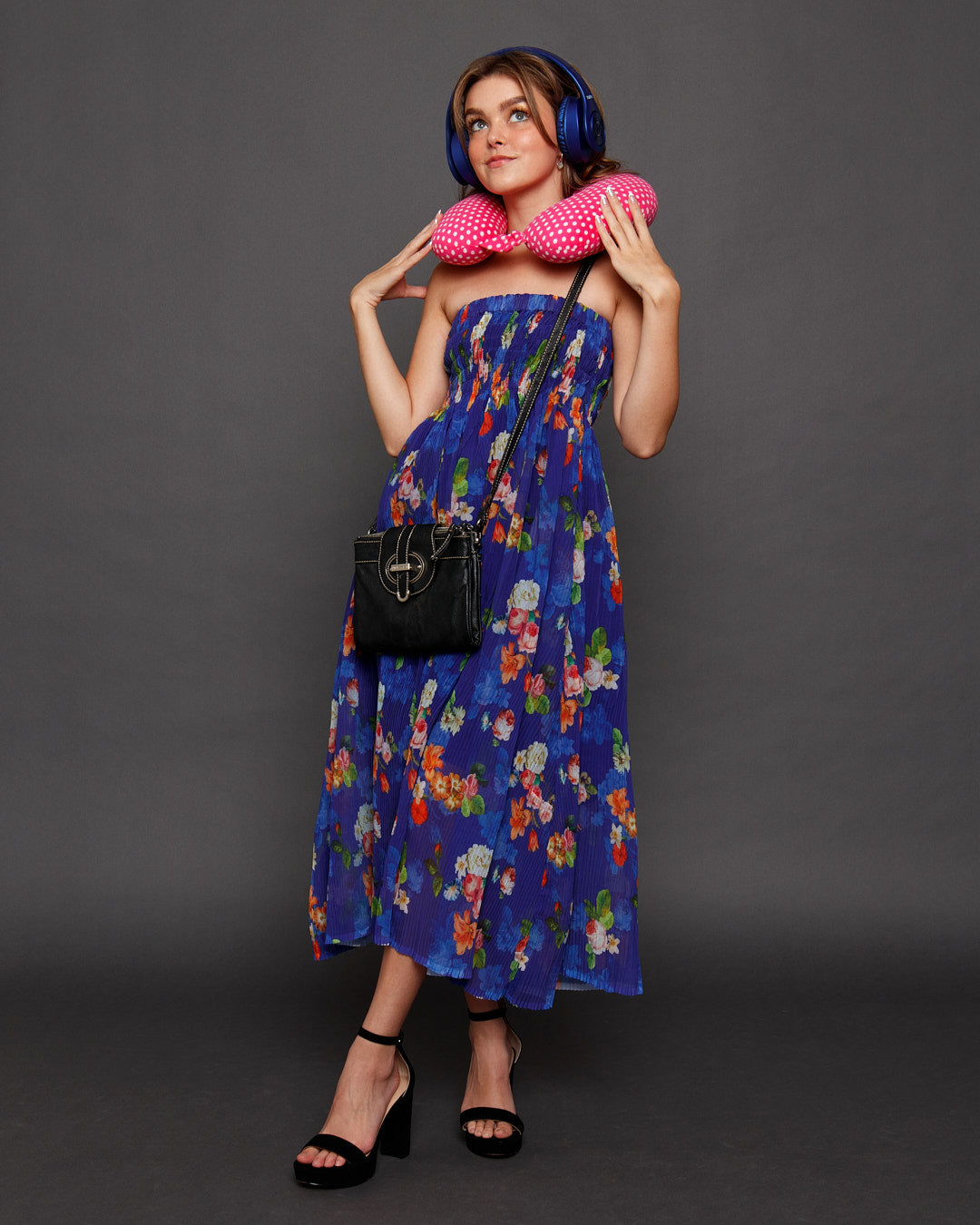 Midnight Blue Tropical off shoulder Midi Dress