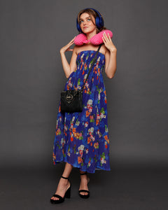 Midnight Blue Tropical off shoulder Midi Dress