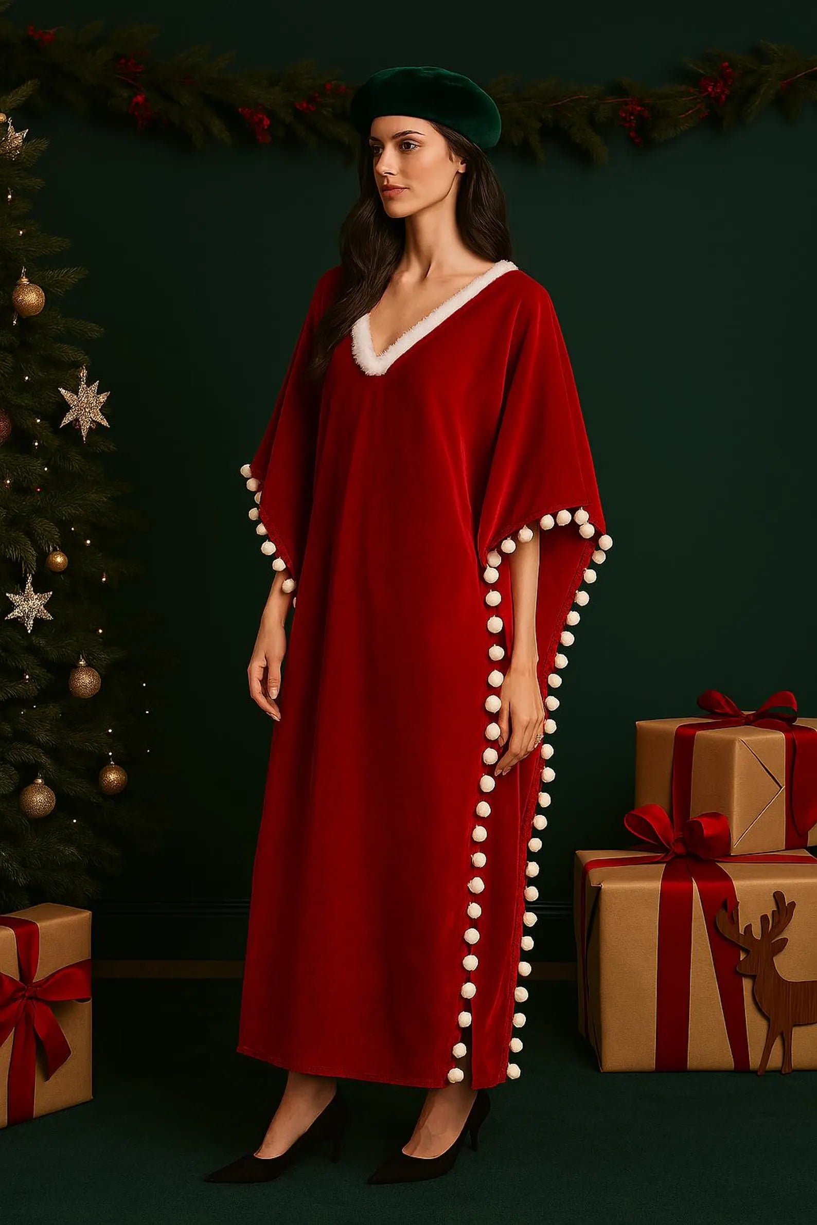 Red Velvet Christmas Kaftan | Santa Inspired Holiday Maxi Kaftan Dress |pom Pom Trim Caftan | Christmas Loungewear | Holiday Party Outfit