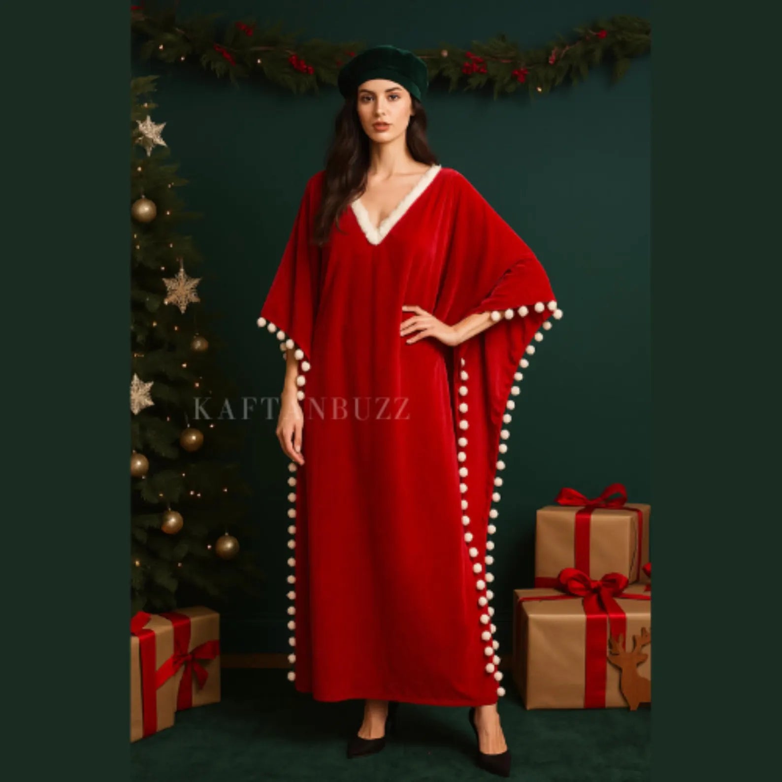 Red Velvet Christmas Kaftan | Santa Inspired Holiday Maxi Kaftan Dress |pom Pom Trim Caftan | Christmas Loungewear | Holiday Party Outfit