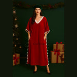 Load image into Gallery viewer, Red Velvet Christmas Kaftan | Santa Inspired Holiday Maxi Kaftan Dress |pom Pom Trim Caftan | Christmas Loungewear | Holiday Party Outfit
