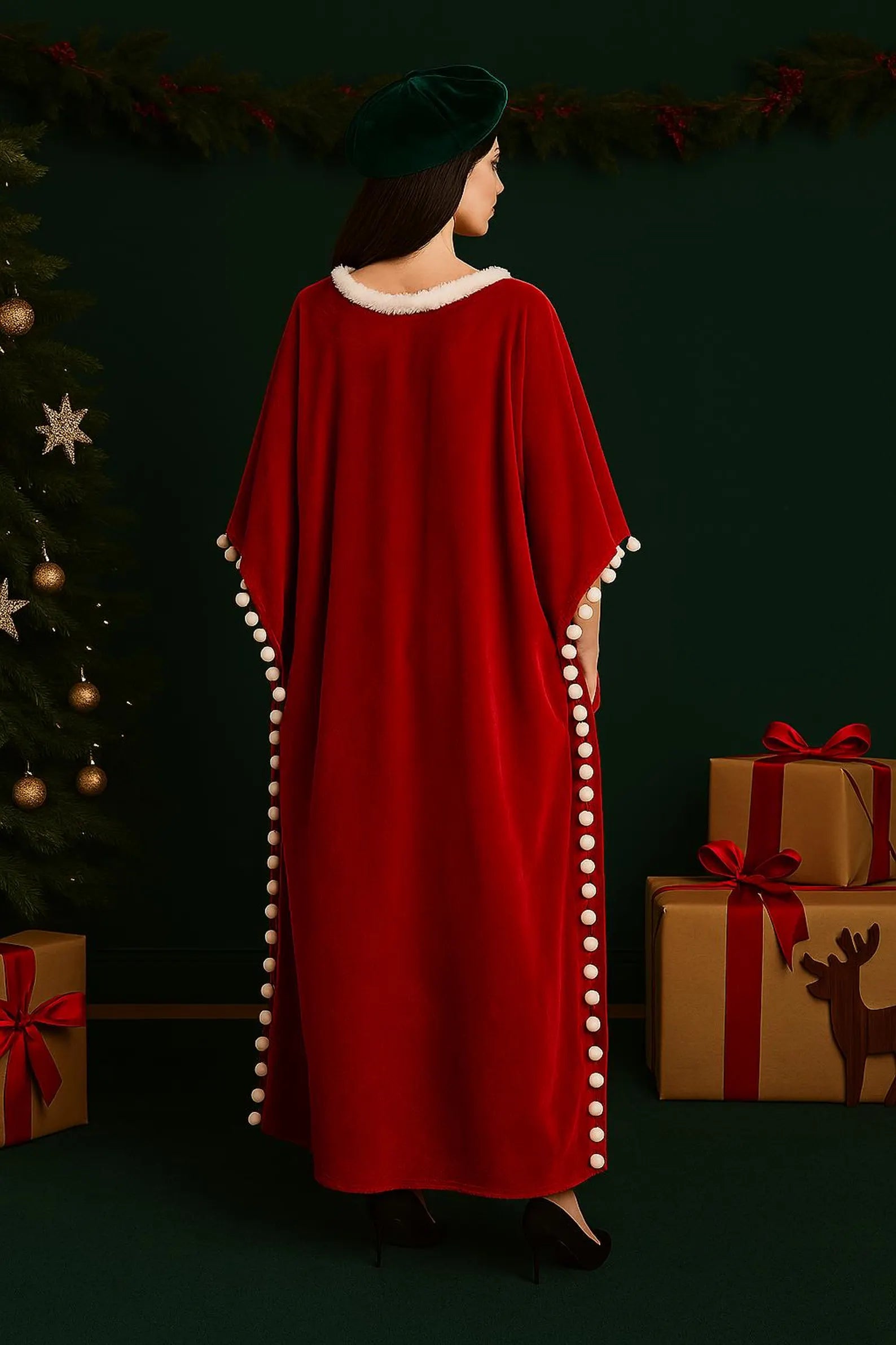 Red Velvet Christmas Kaftan | Santa Inspired Holiday Maxi Kaftan Dress |pom Pom Trim Caftan | Christmas Loungewear | Holiday Party Outfit