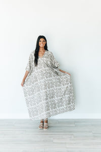 Tropical Leaf Print Maxi Kaftan, Vacation Resort Wear, Loose Cotton Dress