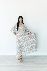 Tropical Leaf Print Maxi Kaftan, Vacation Resort Wear, Loose Cotton Dress