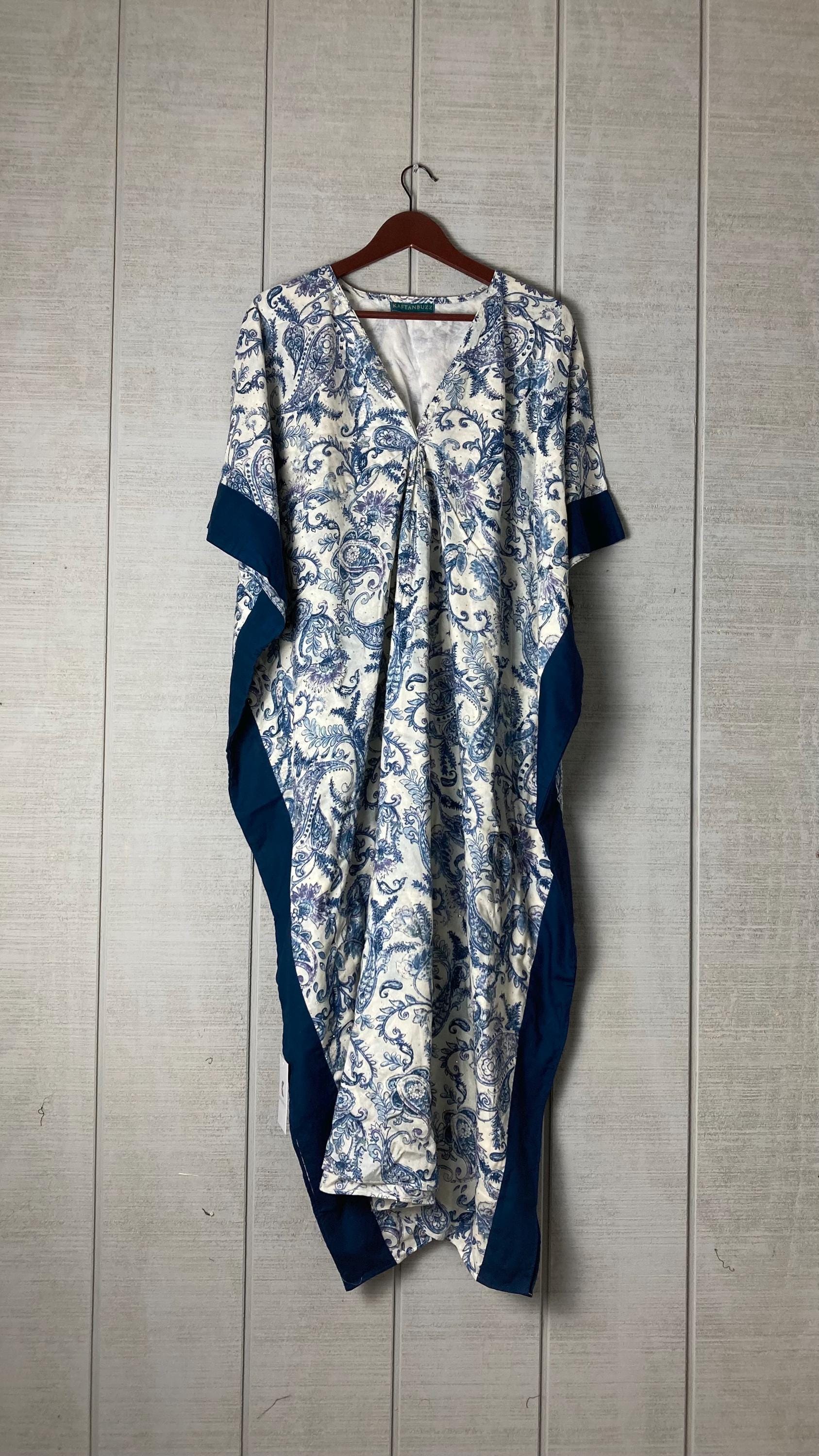 Blue Paisley Print Long Kaftan | Lightweight Boho Lounge & Resort Dress