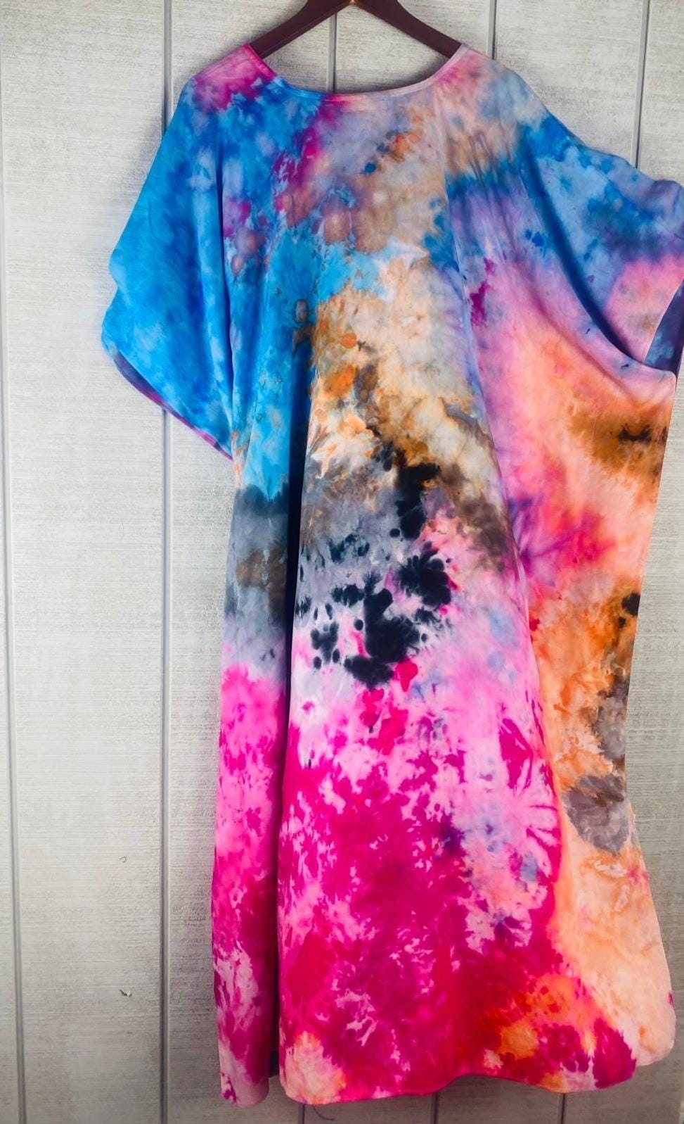Hand-Dyed Rainbow Caftan | Boho Tie-Dye Plus Size Maxi Dress