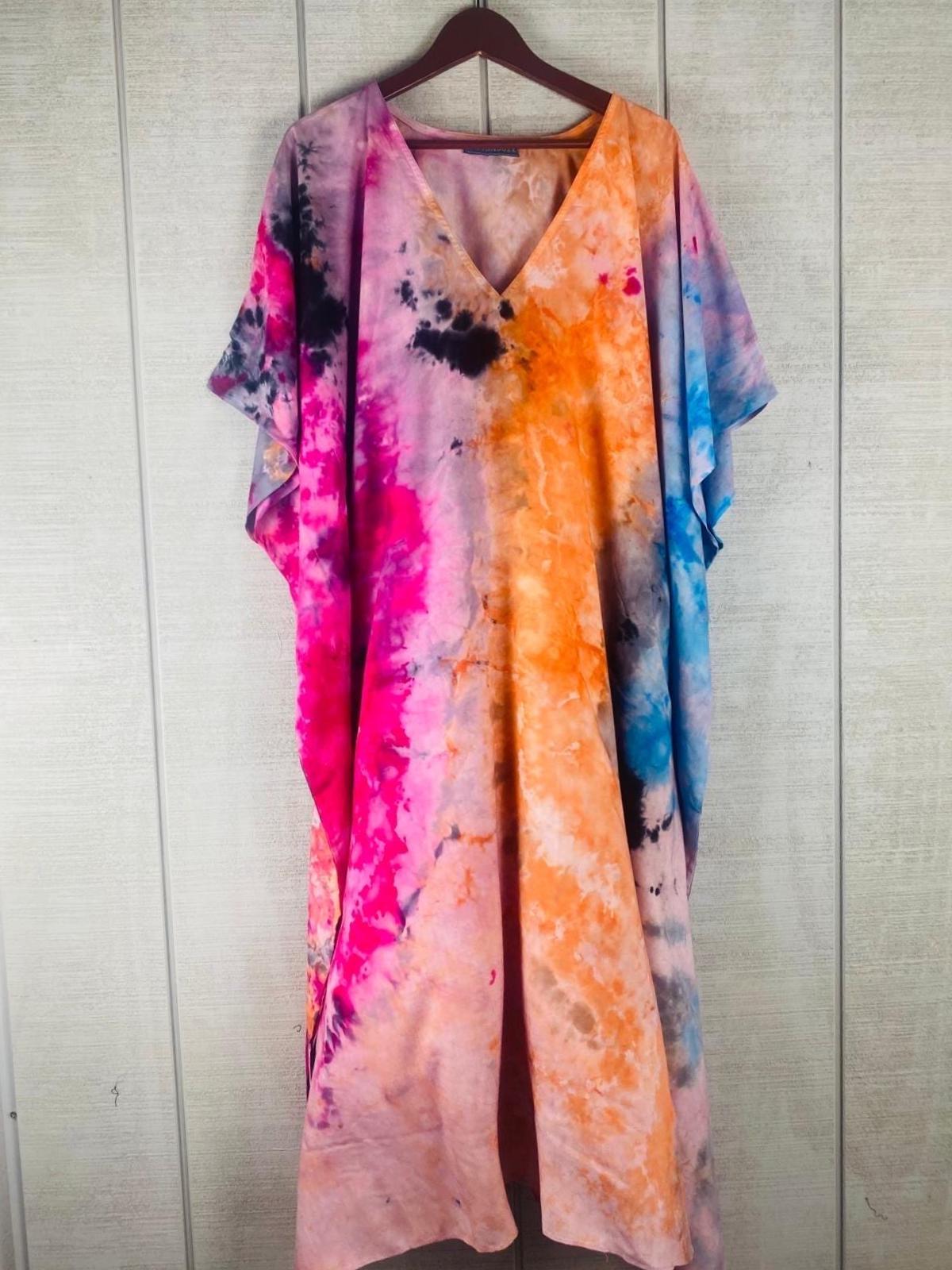 Hand-Dyed Rainbow Caftan | Boho Tie-Dye Plus Size Maxi Dress