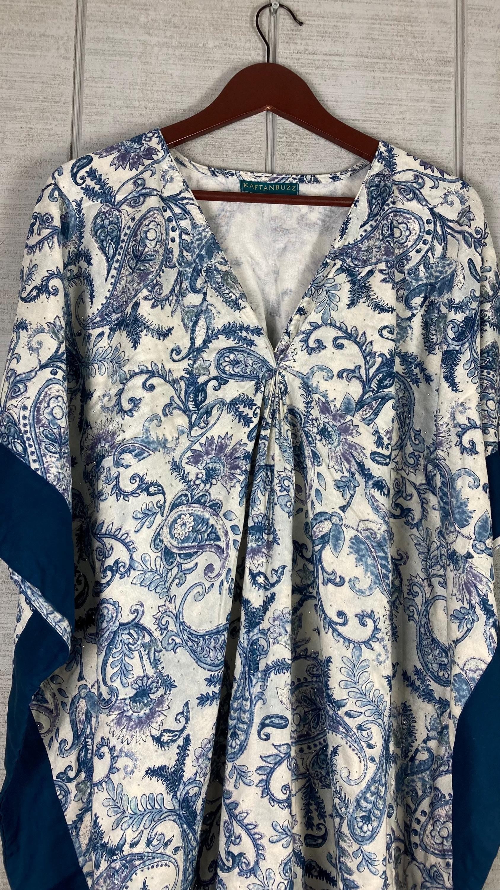 Blue Paisley Print Long Kaftan | Lightweight Boho Lounge & Resort Dress