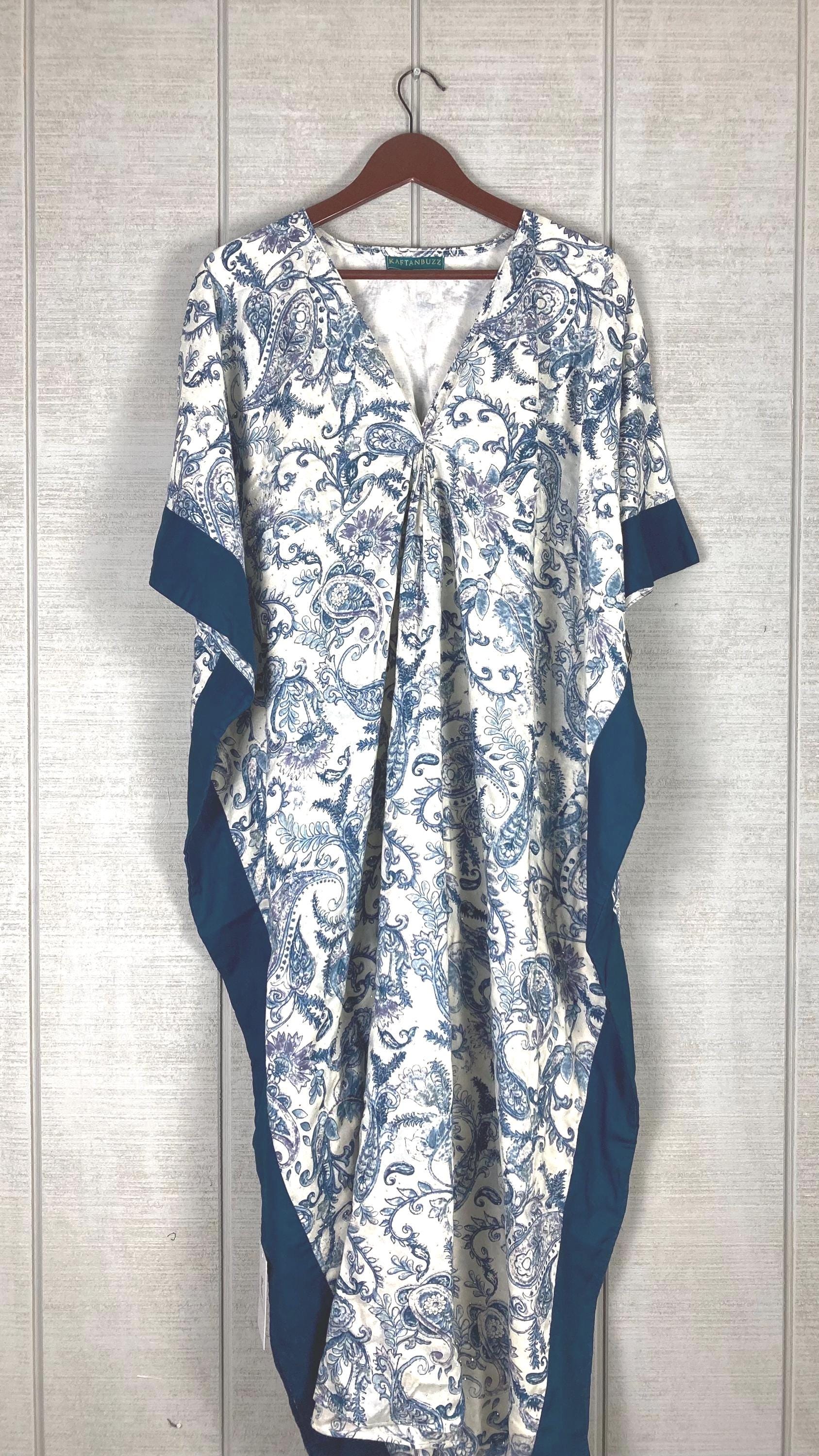 Blue Paisley Print Long Kaftan | Lightweight Boho Lounge & Resort Dress