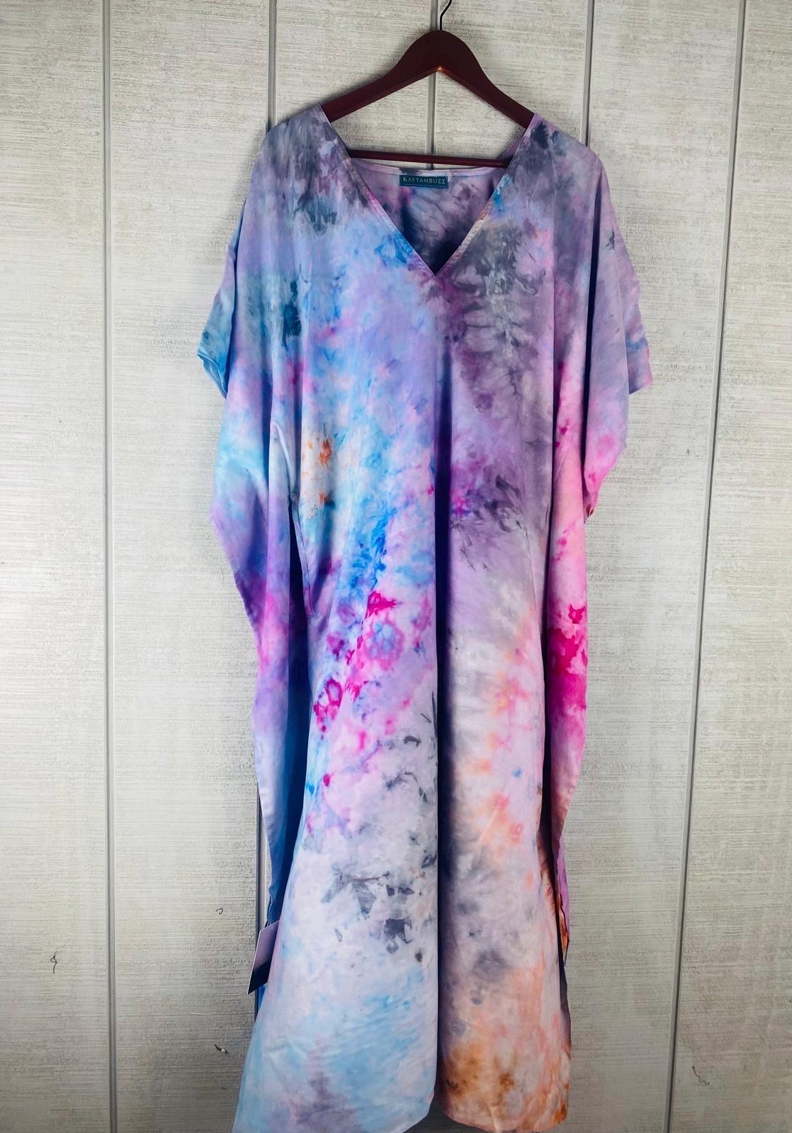 Hand-Dyed Galaxy Tie-Dye Caftan | Purple Pink Blue Plus Size Maxi Dress