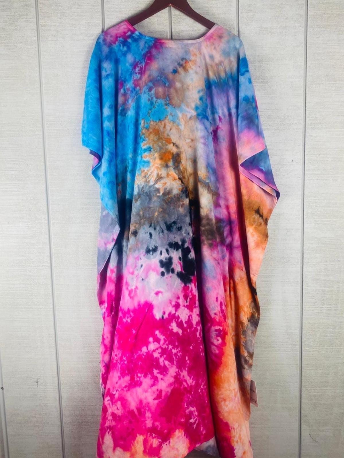 Hand-Dyed Rainbow Caftan | Boho Tie-Dye Plus Size Maxi Dress