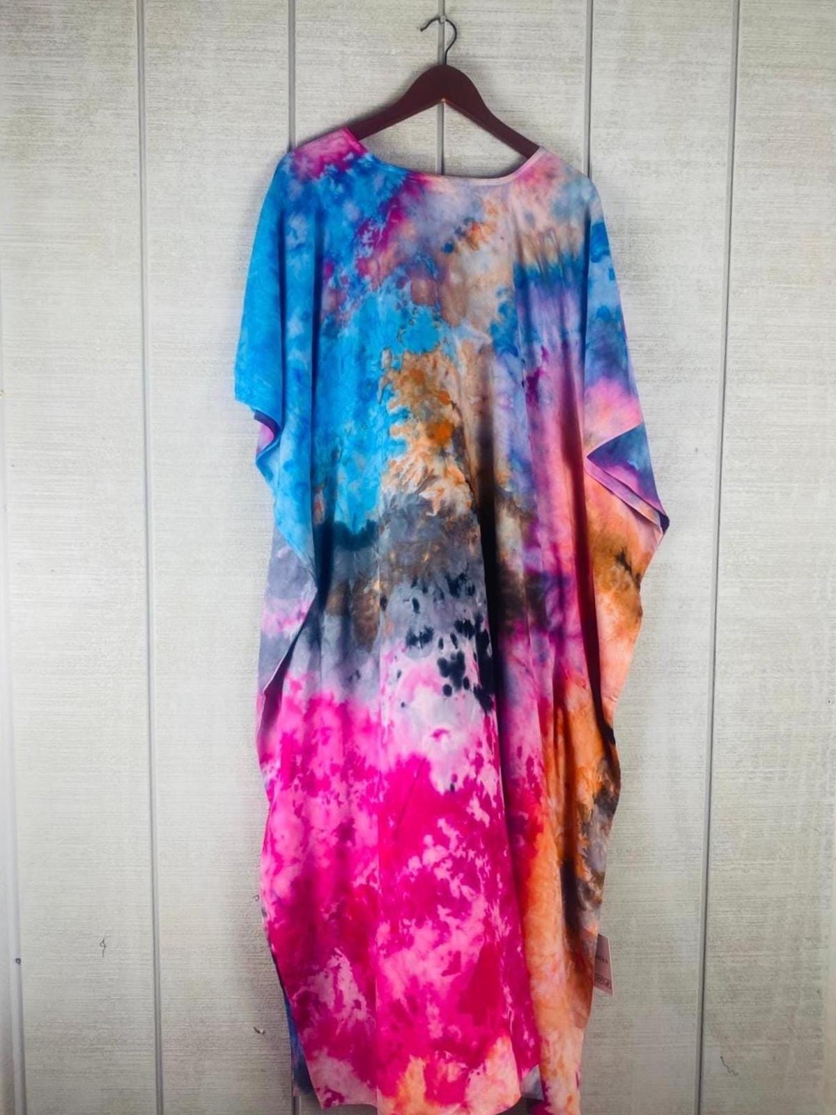 Hand-Dyed Rainbow Caftan | Boho Tie-Dye Plus Size Maxi Dress