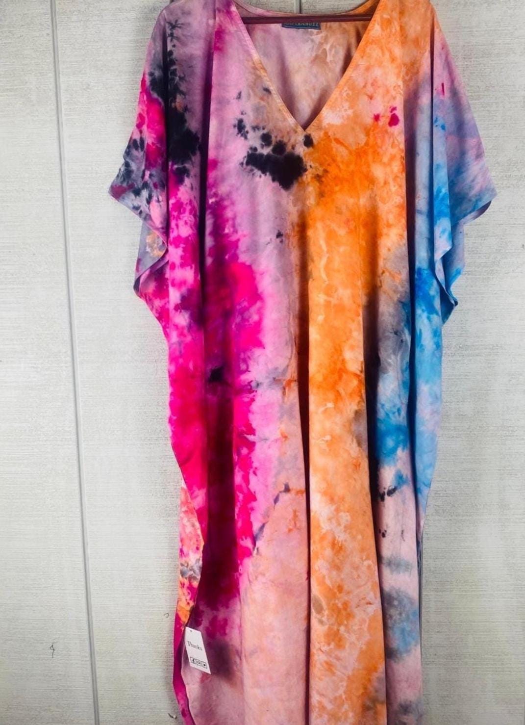 Hand-Dyed Rainbow Caftan | Boho Tie-Dye Plus Size Maxi Dress