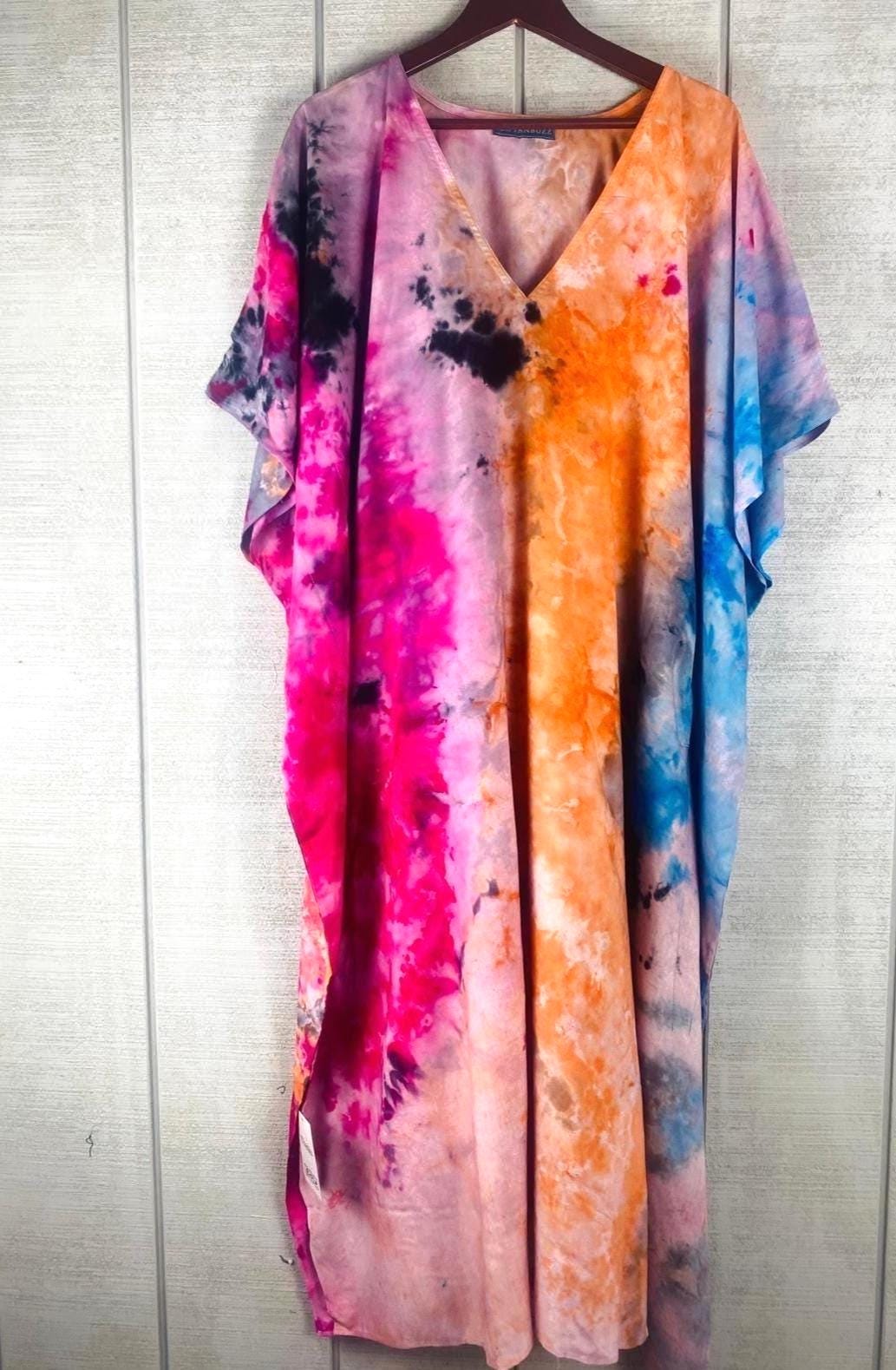 Hand-Dyed Rainbow Caftan | Boho Tie-Dye Plus Size Maxi Dress