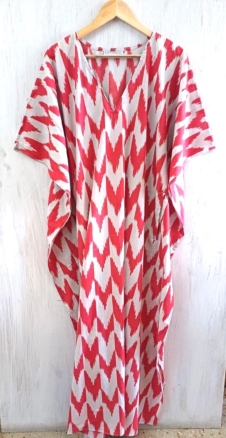 Red & White Chevron Cotton Kaftan | Boho Plus Size Maxi Dress