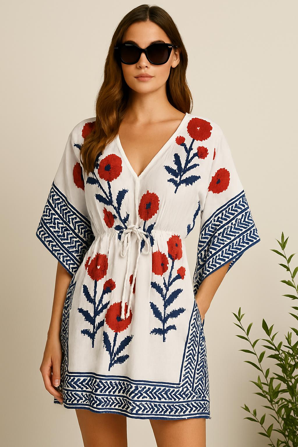 Block Print Cotton Caftan | Flowy Boho Plus Size Fall Dress with Waist