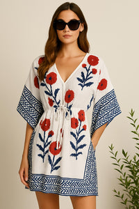 Block Print Cotton Caftan | Flowy Boho Plus Size Fall Dress with Waist